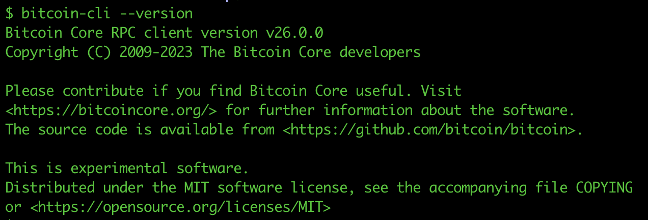 Bitcoin Core terminal showing version