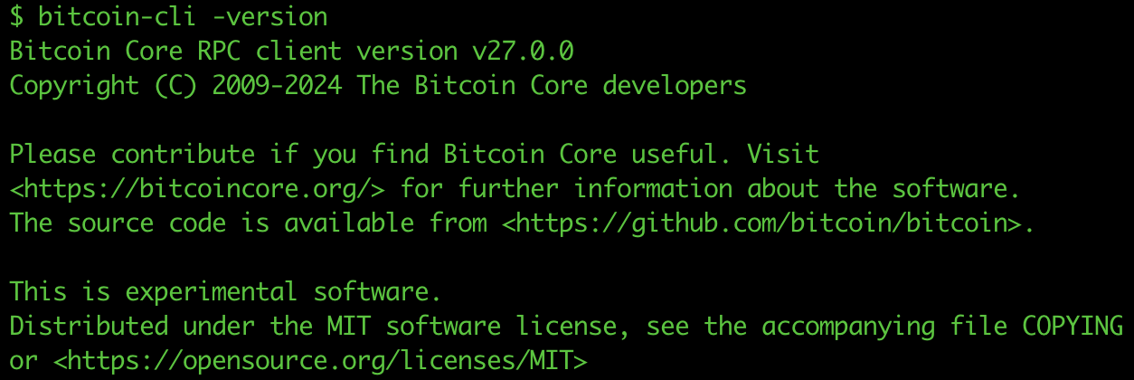 Bitcoin Core terminal showing version